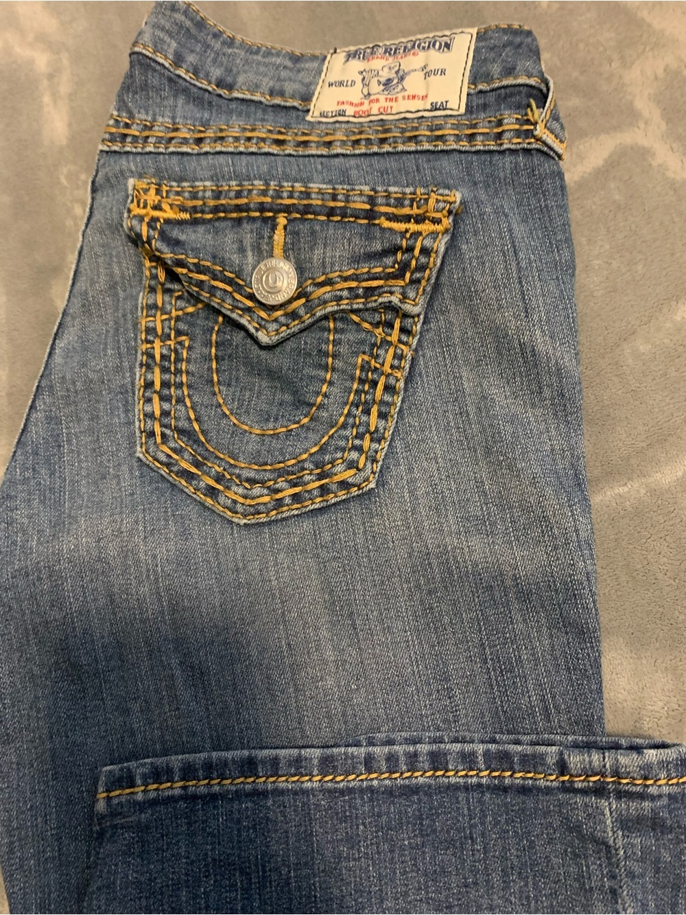 True Religion Women's Medium Blue Bootcut Jeans with Contrast Stitching